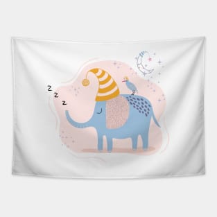 Cute sleeping elephant, bird and moon Tapestry