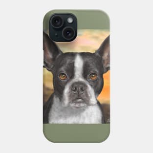 Painting of a Black and White Boston Terrier, with Orange Background Phone Case