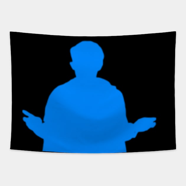 Man in hat and coat silhouetted into blueness forever asks why with his hands out. Tapestry by TeachUrb