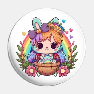 Anime Easter Bunny Girl In Basket. Spring Flowers and Easter Eggs, Rainbow Pin