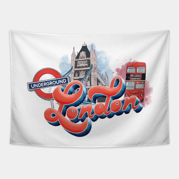 London Design with Landmarks | Artist Designed Illustration Featuring London Landmarks | Retro London Design with Tower Bridge, London Bus and Underground Sign Tapestry by creativebakergb