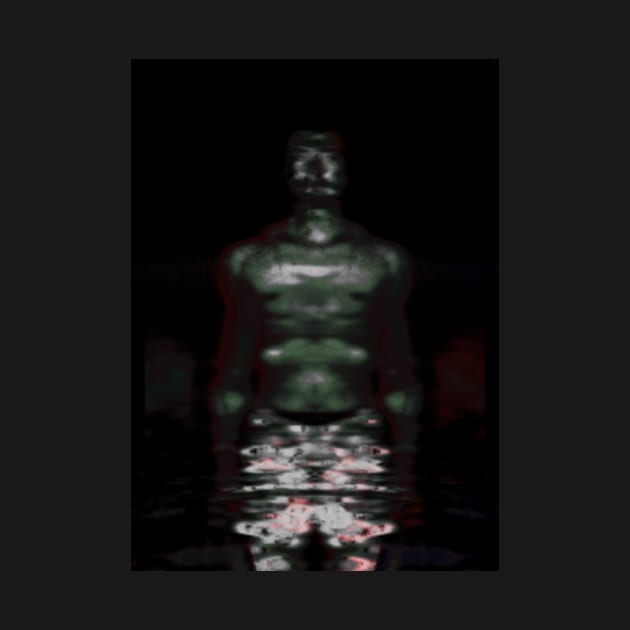 Portrait, digital collage and special processing. Muscular weird guy in briefs. Darkness. Glow. Green, gray. by 234TeeUser234