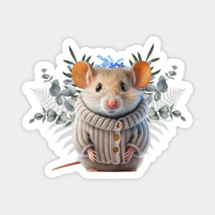 Adorable cute little mouse in a wool sweater - beautiful flowers and leaves Magnet