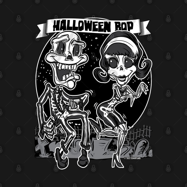 Skeletons dancing in the cemetery at the Halloween Bop by eShirtLabs