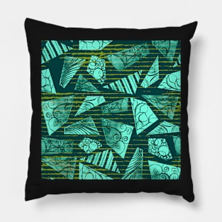 Watercolor polygon shapes on emerald grungy stripes Pillow