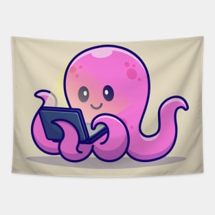 Cute Octopus Working On Laptop Cartoon Tapestry