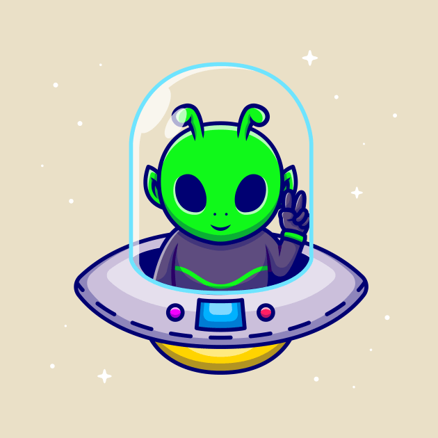 Cute Alien With Peace Hand In Spaceship UFO Cartoon by Catalyst Labs