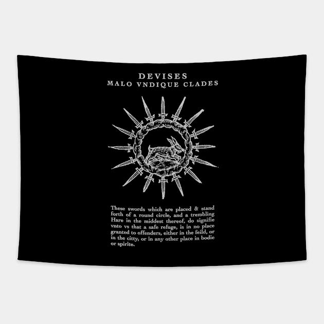 Devises Malo Undique Clades Tapestry by The Fox's Herring