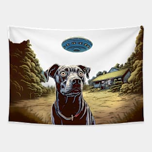 UFOs 2: My Dog Thinks UFOs Are Real on a light (Knocked out) background Tapestry