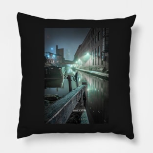 Misty canal night scene in a city Pillow