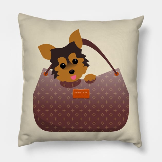 Yorkie in a purse Pillow by tuditees