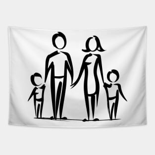 Stick figure family in black ink Tapestry