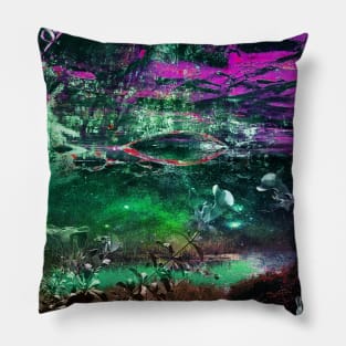 the magical landscape in mexican waterscape ecopop collage art Pillow