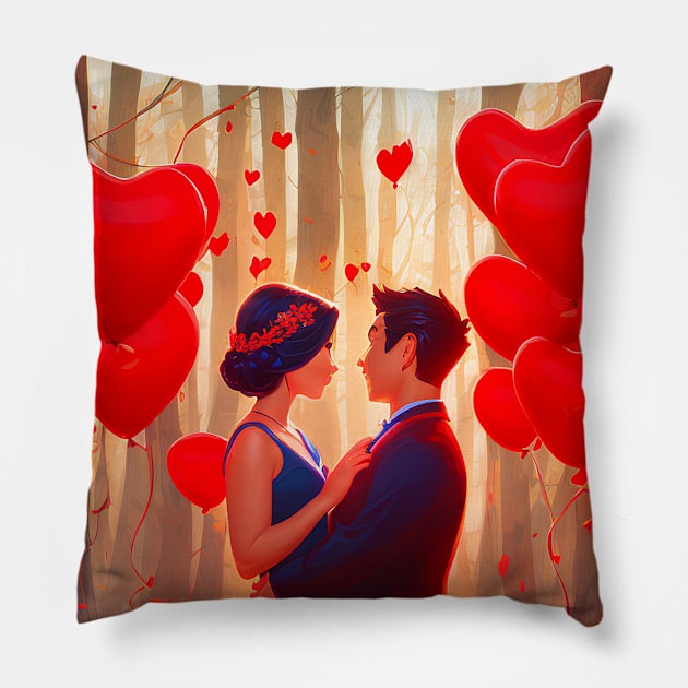 A beautiful couple with heart balloons Pillow by akwl.design