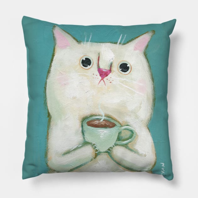 Morning Cuppa Pillow by KilkennyCat Art