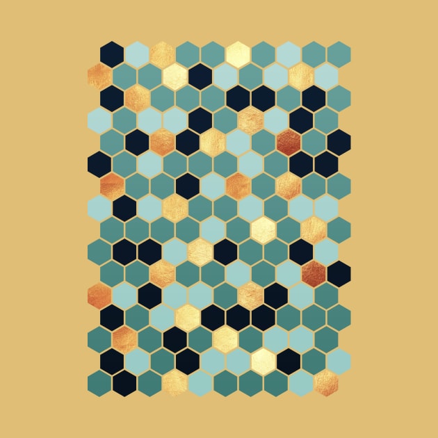 Teal and Gold Hexagon Pattern by lowercasev