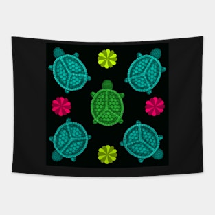 Groovy Peace Turtle Pattern Black Background Tapestry