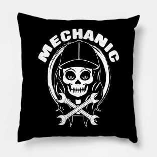 Female Mechanic Skull and Spanners White Logo Pillow