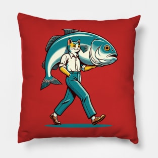 Cat carrying a large fish Pillow