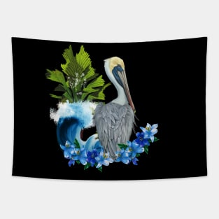 Wonderful pelican with wave and palm trees Tapestry