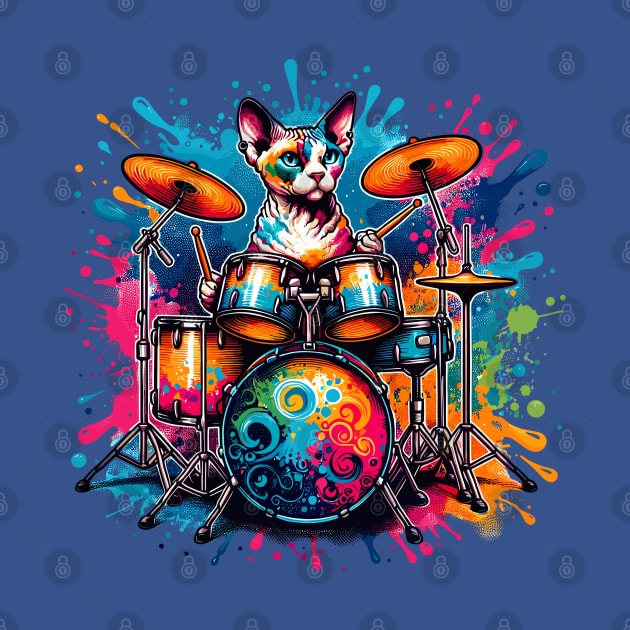 Devon Rex Cat Playing Drums by Graceful Designs