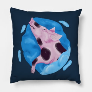 Sleeping pig on a big blue pillow Pillow