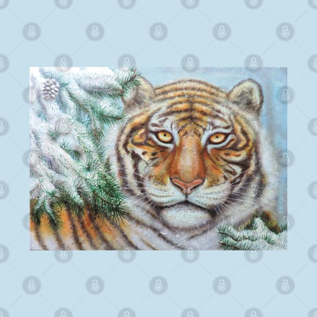 Snow Tiger and Pine Branches by SPACE ART & NATURE SHIRTS 