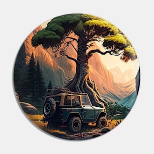 Jeep with Big Tree and Mountain Background Pin