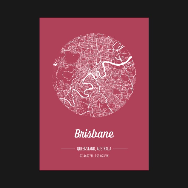 City map in red: Brisbane, Queensland, Australia with retro vintage flair by AtlasMirabilis