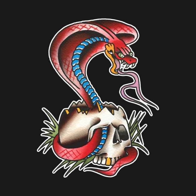Red Cobra with Skull Tattoo Design by forevertruetattoo