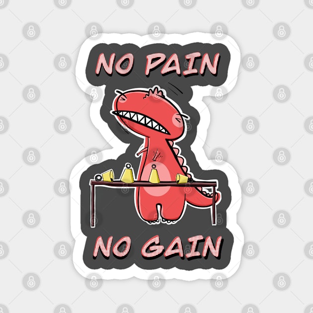 Funny Red T-Rex Practicing Handbells "No Pain, No Gain" Magnet by SubtleSplit