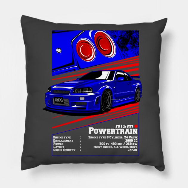 Nissan Skyline GT R 34 Blue with rear light Pillow by aredie19