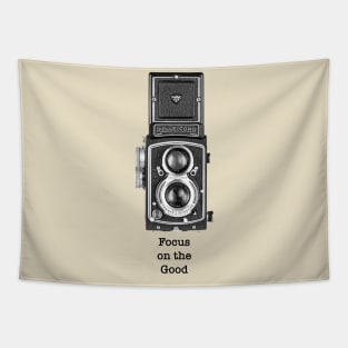 Vintage 1950s Twin Lens Camera Side View - Focus Black Text Tapestry