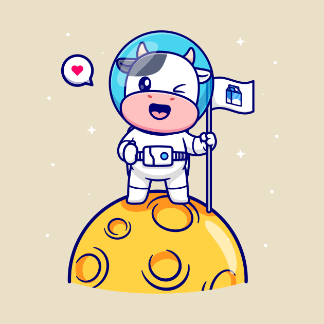 Cute Astronaut Cow Holding Flag Milk On The Moon Cartoon by Catalyst Labs