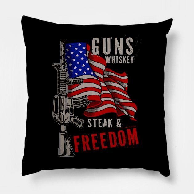 Gun Whiskey Steak Freedom USA American Flag Pillow by We Print On Gifts