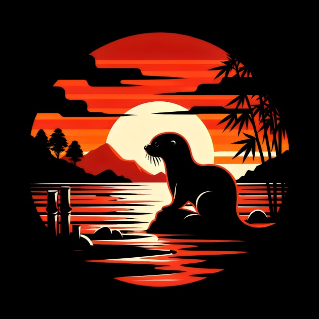 Aquatic Animal Vintage Sunset Cute Japanese Art Otter by Willie Biz Merch