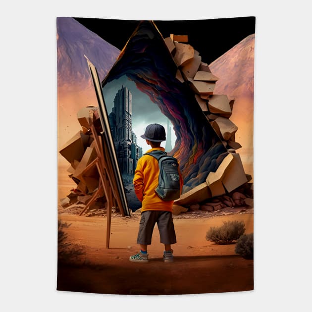 Wonderment a Time Travel Odyssey: A Journey to a Dystopian Future on a Dark Background Tapestry by Puff Sumo
