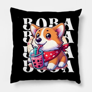 Cute Corgi Drinking Boba T-Shirt: Adorable Dog Tee for Boba Tea Lovers Pillow