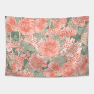 Blush and Sage Green Alcea Rosea Tapestry