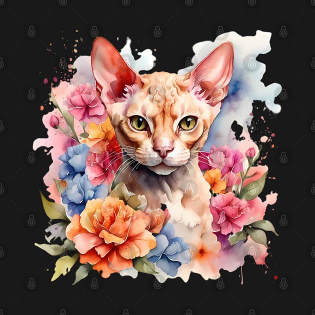 A devon rex cat decorated with beautiful watercolor flowers by CreativeSparkzz