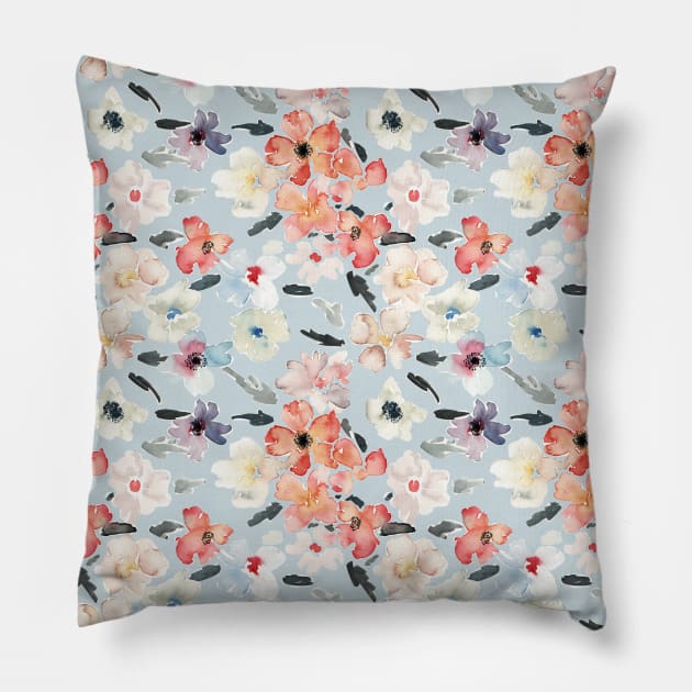 Coral and Blue Floral Pattern Pillow by LThomasDesigns