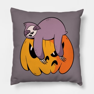 Funny Sloth Sleeping on Jack-o-Lantern Pillow