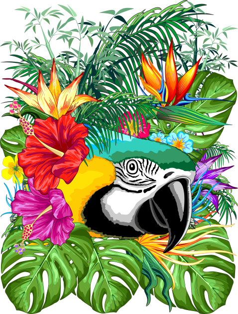 Blue Macaw Parrot Floral Portrait coming out of Exotic Jungle Kids T-Shirt by BluedarkArt