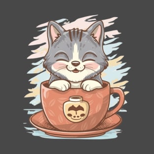 A grinning cat sipping coffee from a stylish mug T-Shirt