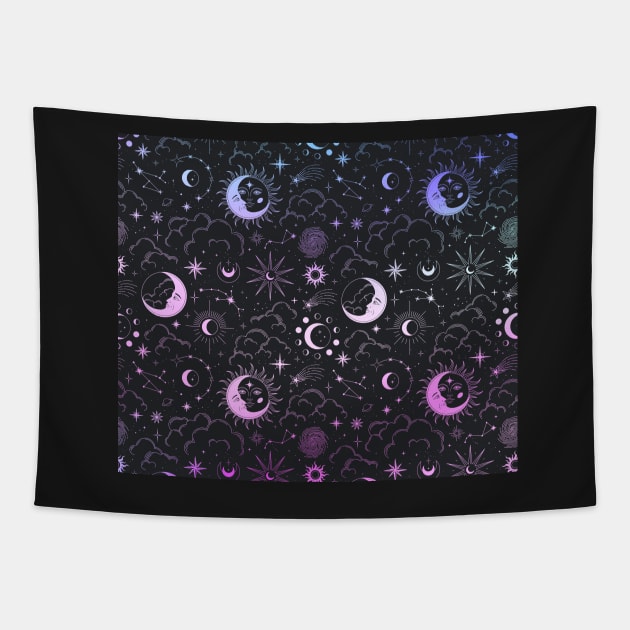 Celestial Witchy Pattern - Pink and Blue Gradient Tapestry by rosiemoonart