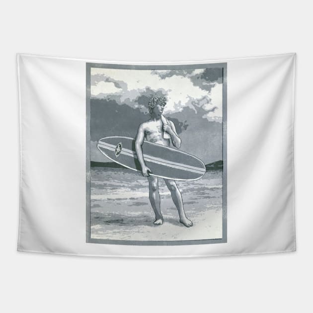 David on the beach with a classic BING surfboard. Tapestry by jurjenbertens
