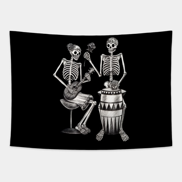 Sugar skull couple lover playing drum and ukulele celebration day of the dead. Tapestry by Jiewsurreal