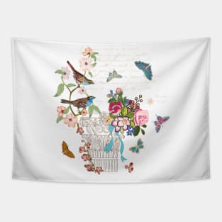 Vintage French style architectural image enhanced with flowers, birds butterflies, script. Interacted design for your projects. Tapestry