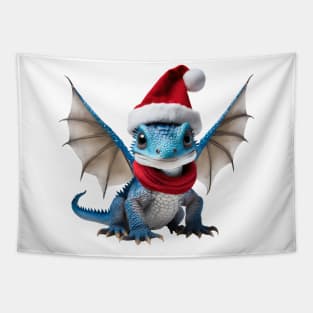 Realistic Artwork of a Cute Blue Baby Dragon Wearing a Red Santa Christmas Hat Tapestry