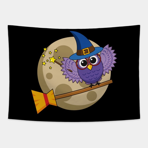 Cartoon Wizard Owl Flying on Broom Tapestry by BirdAtWork